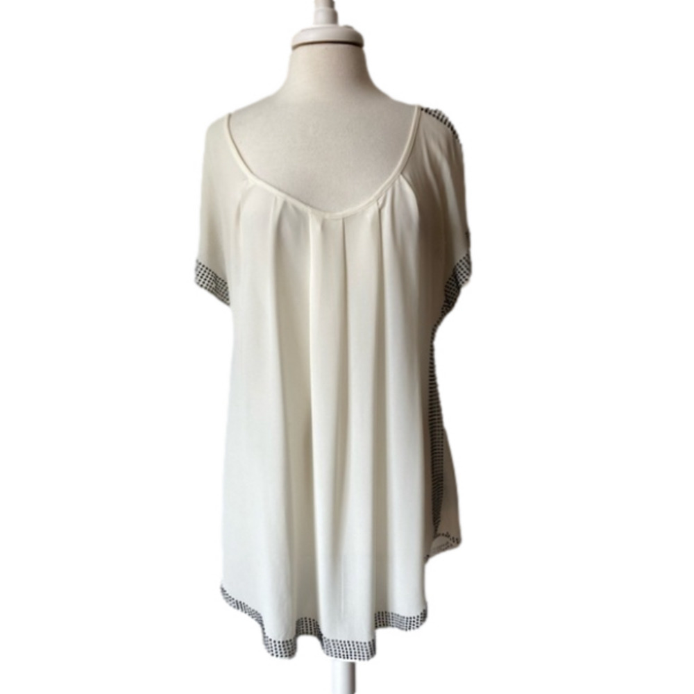 Women's 1X Chic Beaded Sheer Short Sleeve‎ Tunic Blouse Holiday Glam Occasion